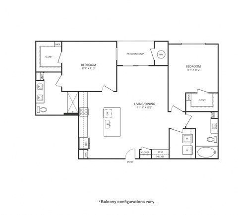 Floor plan of a 2 bedroom apartment